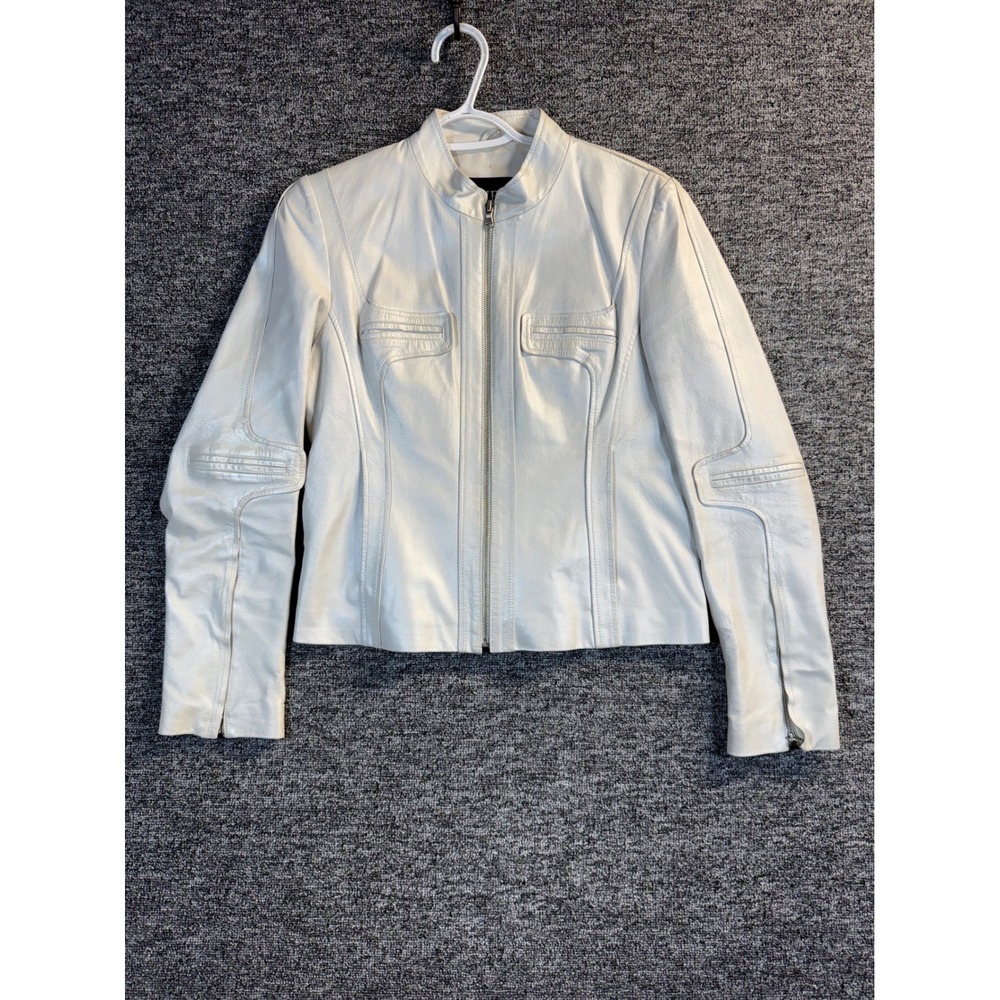 Guess Womens Metallic Pearl White Genuine Leather Moto Jacket Size M Zip Front